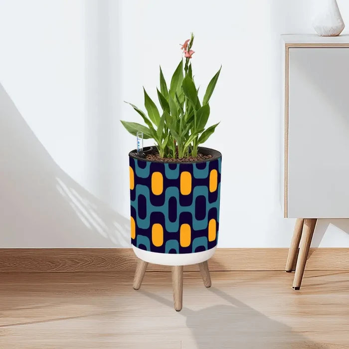 Blue Yellow Retro 70s Scandi Style Planter with Wooden Legs - retro plant pot