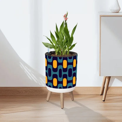 Blue Yellow Retro 70s Scandi Style Planter with Wooden Legs - retro plant pot