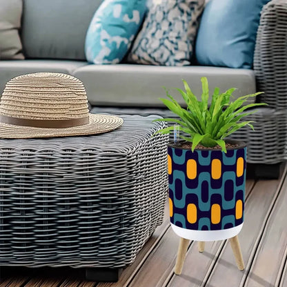 Blue Yellow Retro 70s Scandi Style Planter with Wooden Legs - retro plant pot