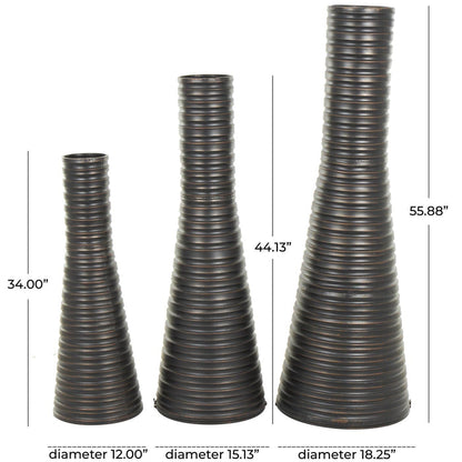 Bronze Metal Ribbed Tall Cone Floor Decorative Vase with Horizontal Grooves