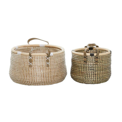 BROWN BANANA LEAF HANDMADE STORAGE BASKET WITH HANDLES