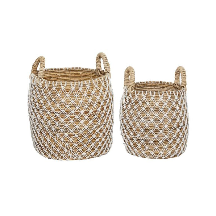 BROWN BANANA LEAF HANDMADE STRING DETAIL STORAGE BASKET WITH HANDLES