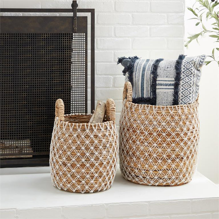BROWN BANANA LEAF HANDMADE STRING DETAIL STORAGE BASKET WITH HANDLES