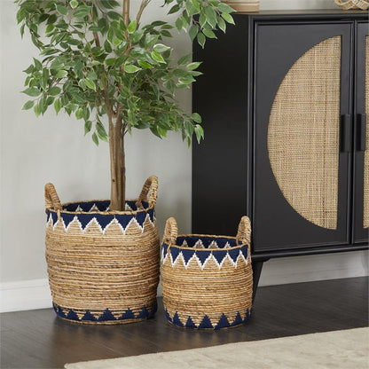 BROWN BANANA LEAF HANDMADE TRIANGLE DETAILS STORAGE BASKET WITH HANDLES