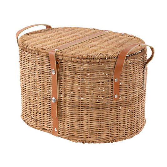 Brown Rattan Handmade Woven Decorative and Functional Storage Basket with Lid and Leather Handles