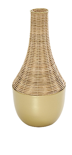 BROWN RATTAN HANDMADE WOVEN VASE WITH GOLD METAL BASE, 7" X 7" X 15"