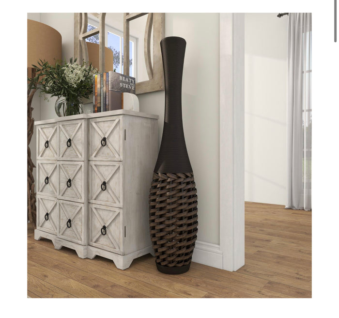 BROWN RATTAN TALL WOVEN FLOOR VASE