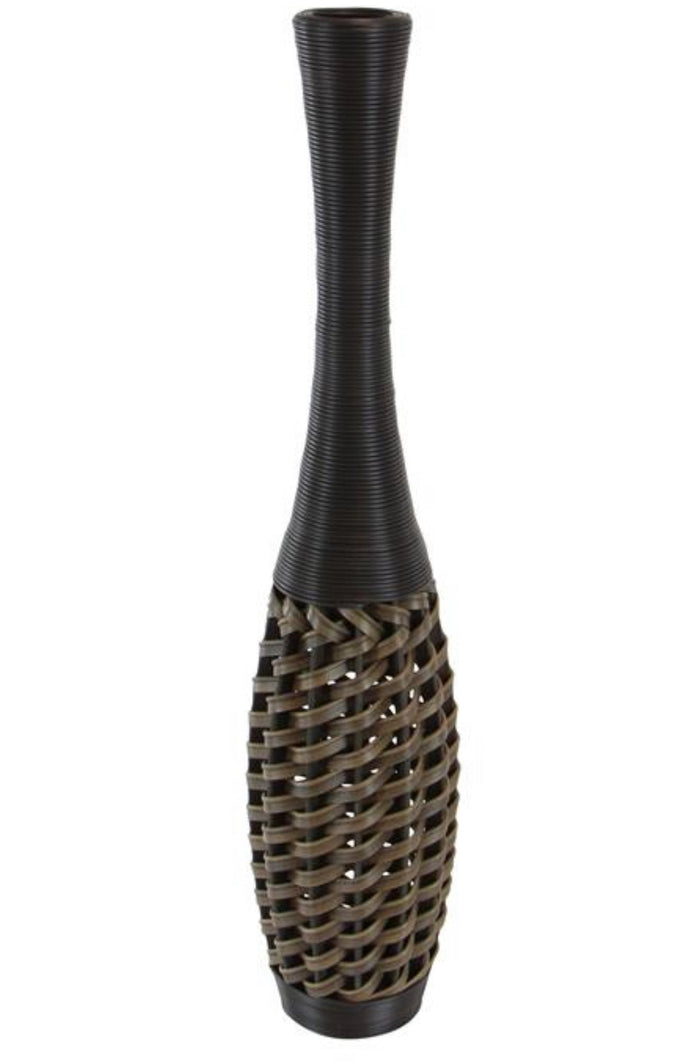 BROWN RATTAN TALL WOVEN FLOOR VASE