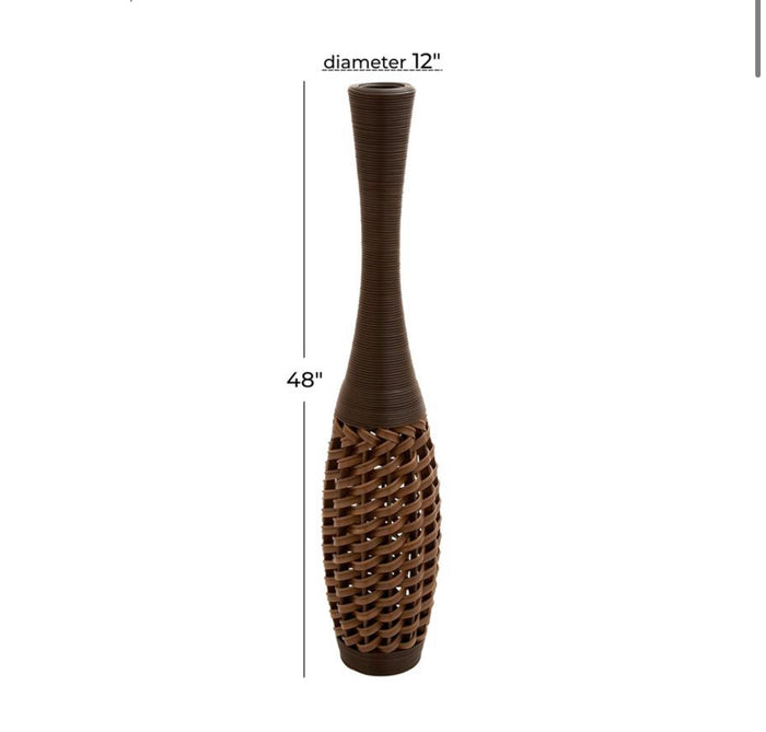 BROWN RATTAN TALL WOVEN FLOOR VASE