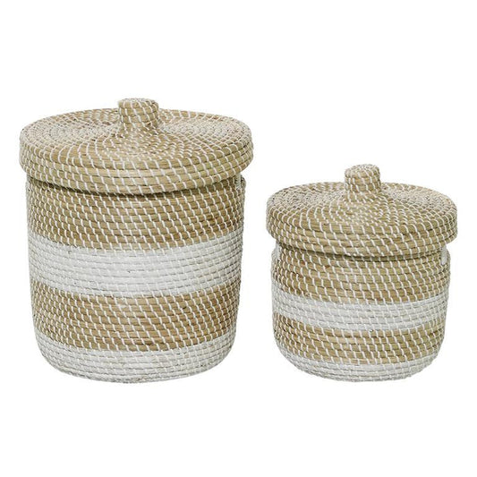 BROWN SEAGRASS HANDMADE TWO TONED STORAGE BASKET WITH MATCHING LIDS