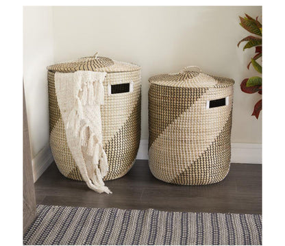 BROWN SEAGRASS HANDMADE TWO TONED STORAGE BASKET WITH MATCHING LIDS