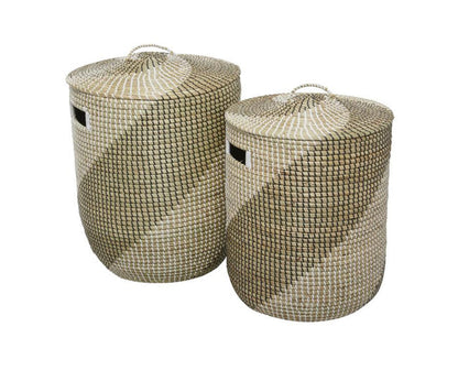 BROWN SEAGRASS HANDMADE TWO TONED STORAGE BASKET WITH MATCHING LIDS