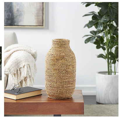 BROWN SEAGRASS HANDMADE WRAPPED VASE, 8" X 8" X 16"