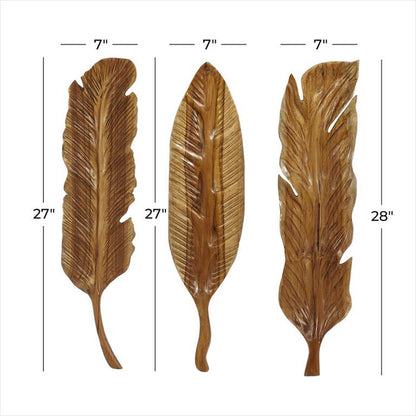 BROWN TEAK WOOD BIRD HANDMADE CARVED FEATHER WALL DECOR