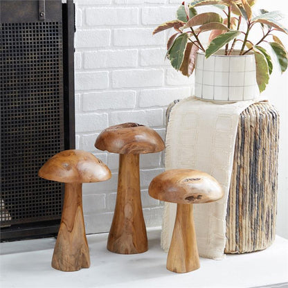 BROWN TEAK WOOD MUSHROOM HANDMADE LIVE EDGE SCULPTURE WITH NATURAL SMOOTH FINISH