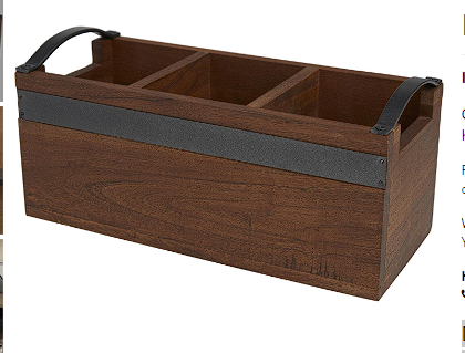 BROWN WOOD 3 SECTION TRAY WITH BLACK METAL HANDLES, 12" X 5" X 5"