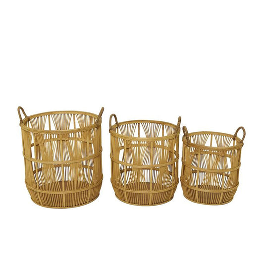 BROWN WOOD HANDMADE STORAGE BASKET WITH HANDLES