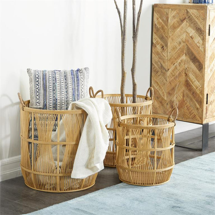 BROWN WOOD HANDMADE STORAGE BASKET WITH HANDLES