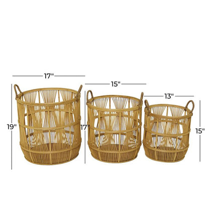 BROWN WOOD HANDMADE STORAGE BASKET WITH HANDLES