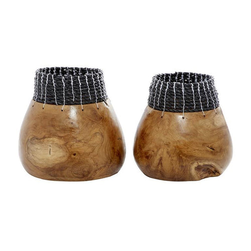 BROWN WOOD HANDMADE VASE WITH SEAGRASS ACCENTS