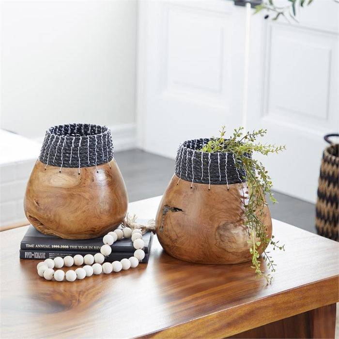 BROWN WOOD HANDMADE VASE WITH SEAGRASS ACCENTS