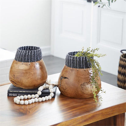 BROWN WOOD HANDMADE VASE WITH SEAGRASS ACCENTS