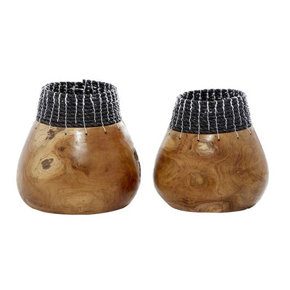 BROWN WOOD HANDMADE VASE WITH SEAGRASS ACCENTS