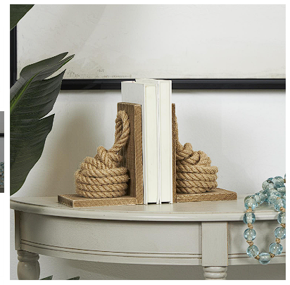 BROWN WOOD KNOT ROPE BOOKENDS WITH DISTRESSED L-SHAPED STANDS,