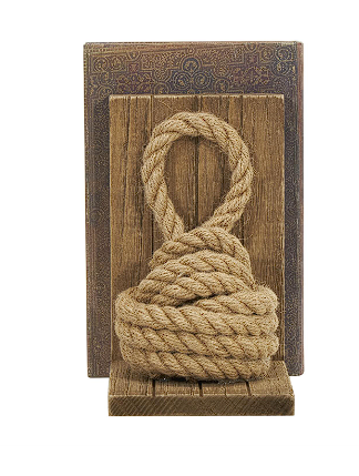 BROWN WOOD KNOT ROPE BOOKENDS WITH DISTRESSED L-SHAPED STANDS,