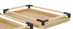 BROWN WOOD SLATTED TRAY WITH ELEVATED WOVEN SIDES AND BLACK METAL CORNERS