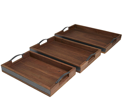 BROWN WOOD TRAY WITH BLACK METAL HANDLES,