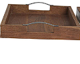 BROWN WOOD TRAY WITH BLACK METAL HANDLES,