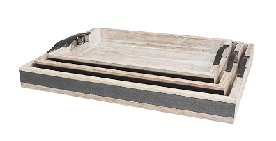 BROWN WOOD TRAY WITH BLACK METAL HANDLES,