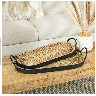 BROWN WOODEN COILED OVAL TRAY WITH BLACK METAL HANDLES,