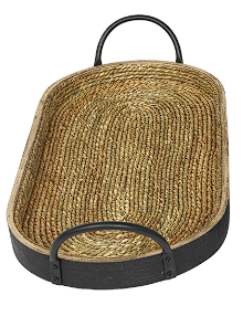 BROWN WOODEN COILED OVAL TRAY WITH BLACK METAL HANDLES,