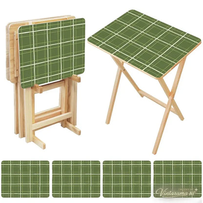 Checkered Green White Retro TV Trays Set of 4 with Wooden Storage Rack - 4 Pack - retro tv tray