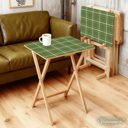 Checkered Green White Retro TV Trays Set of 4 with Wooden Storage Rack - 4 Pack - retro tv tray