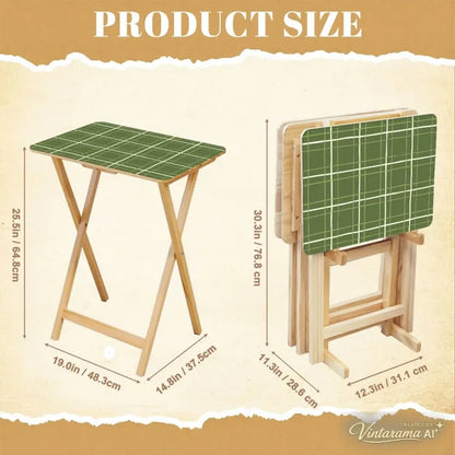 Checkered Green White Retro TV Trays Set of 4 with Wooden Storage Rack - 4 Pack - retro tv tray
