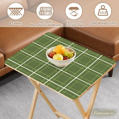 Checkered Green White Retro TV Trays Set of 4 with Wooden Storage Rack - 4 Pack - retro tv tray