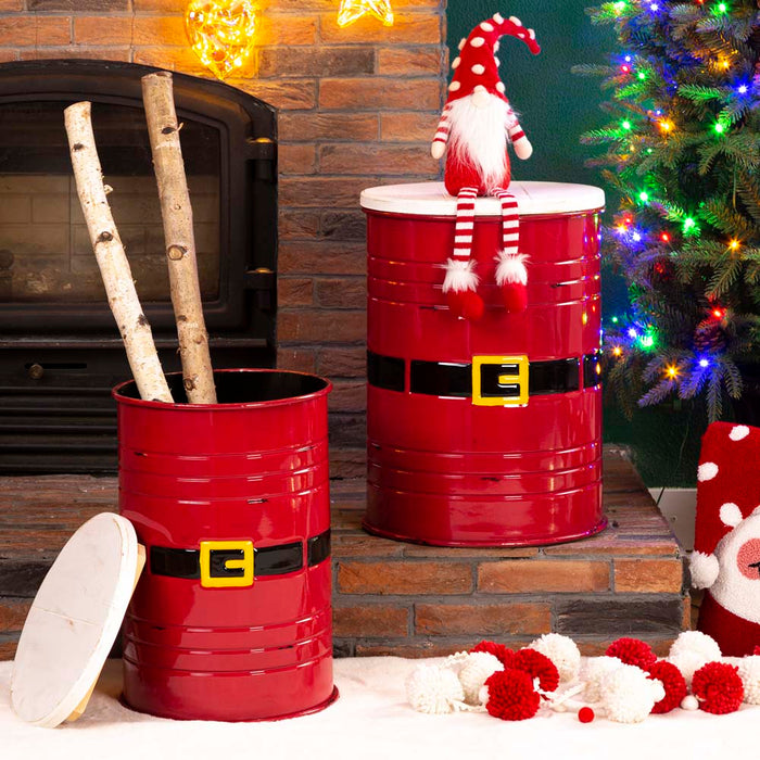 Christmas Santa Belt Metal Storage Container Space Saver with Wood Lid, Set of 2