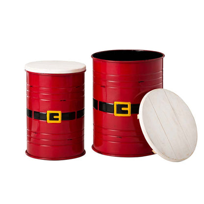 Christmas Santa Belt Metal Storage Container Space Saver with Wood Lid, Set of 2