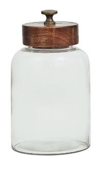 CLEAR GLASS CANISTERS WITH BROWN REMOVABLE LIDS AND ANTIQUE KNOBS,