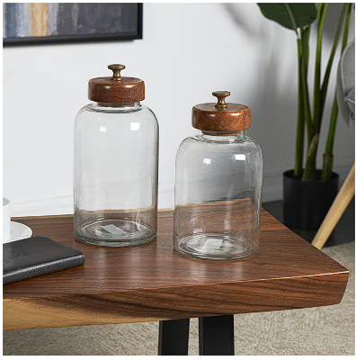 CLEAR GLASS CANISTERS WITH BROWN REMOVABLE LIDS AND ANTIQUE KNOBS,