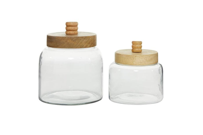 CLEAR GLASS CANISTERS WITH WOOD LIDS,