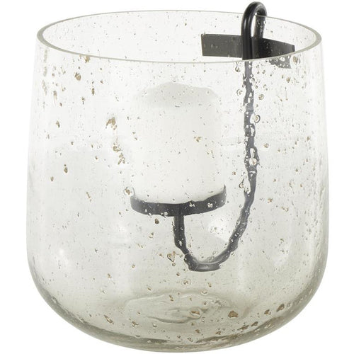Clear Glass Decorative Candle Holder with Black Metal Accents and Brown Speckles