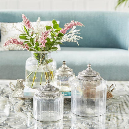 CLEAR GLASS DECORATIVE JARS WITH ENGRAVED SILVER LIDS