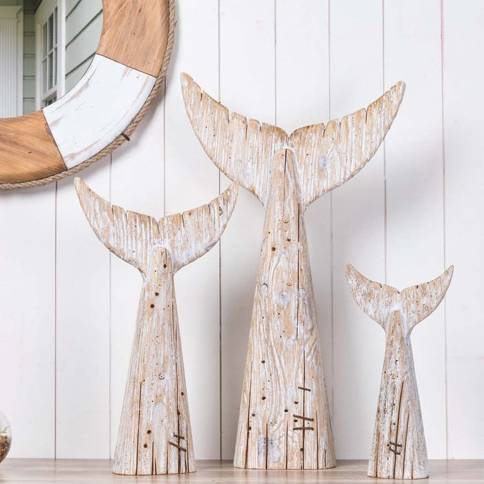 Coastal Weathered Wood Whale Tail Table Decor, Set of 3