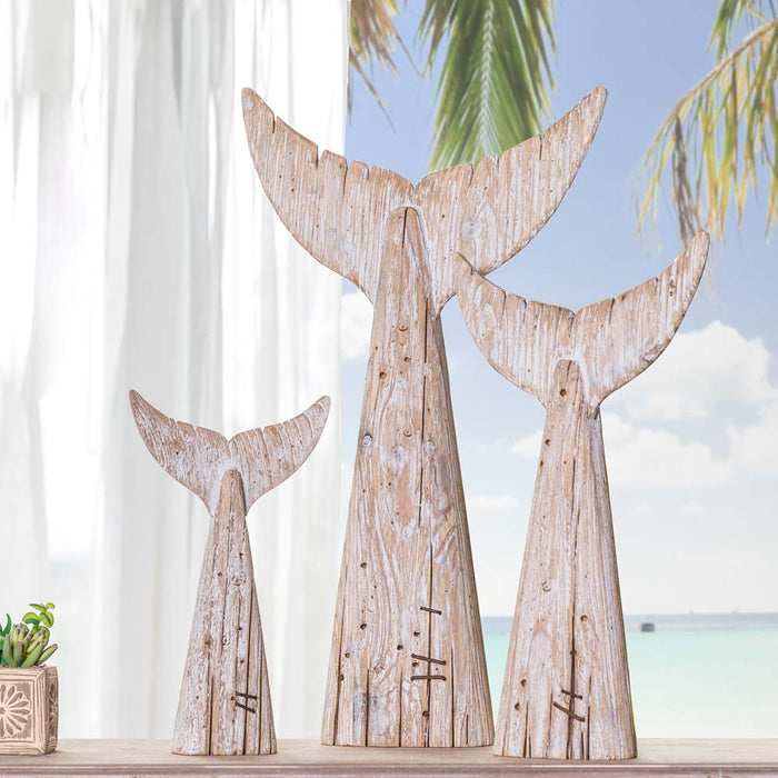 Coastal Weathered Wood Whale Tail Table Decor, Set of 3