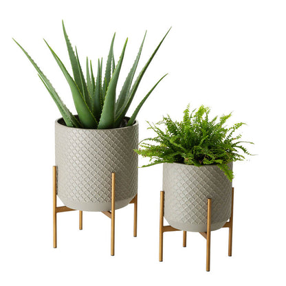 Concrete Patterned Metal Pot Planter Stand, Set of 2