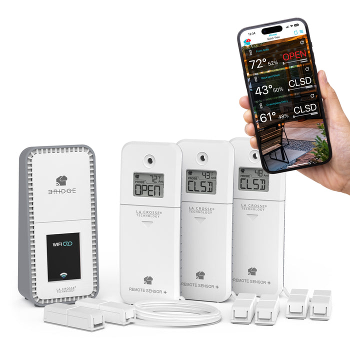Contact King alert and monitoring system with 3 contact sensors with ambient temperature and humidity to be informed if a drawer, door, gate is opened or closed works with a Bridge gateway and the La Crosse View app